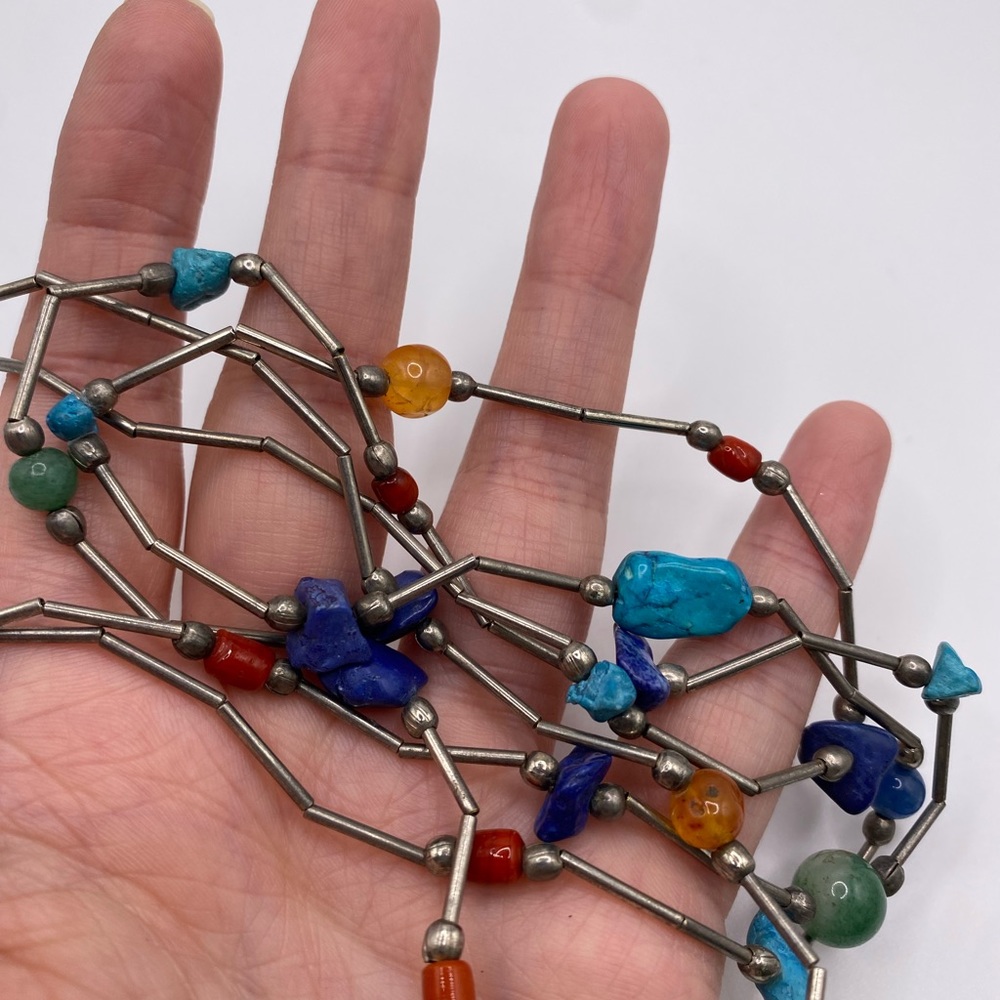 Vintage Double Strand Liquid Sterling Silver Multi Gemstone Necklace - Picture 4 of 8